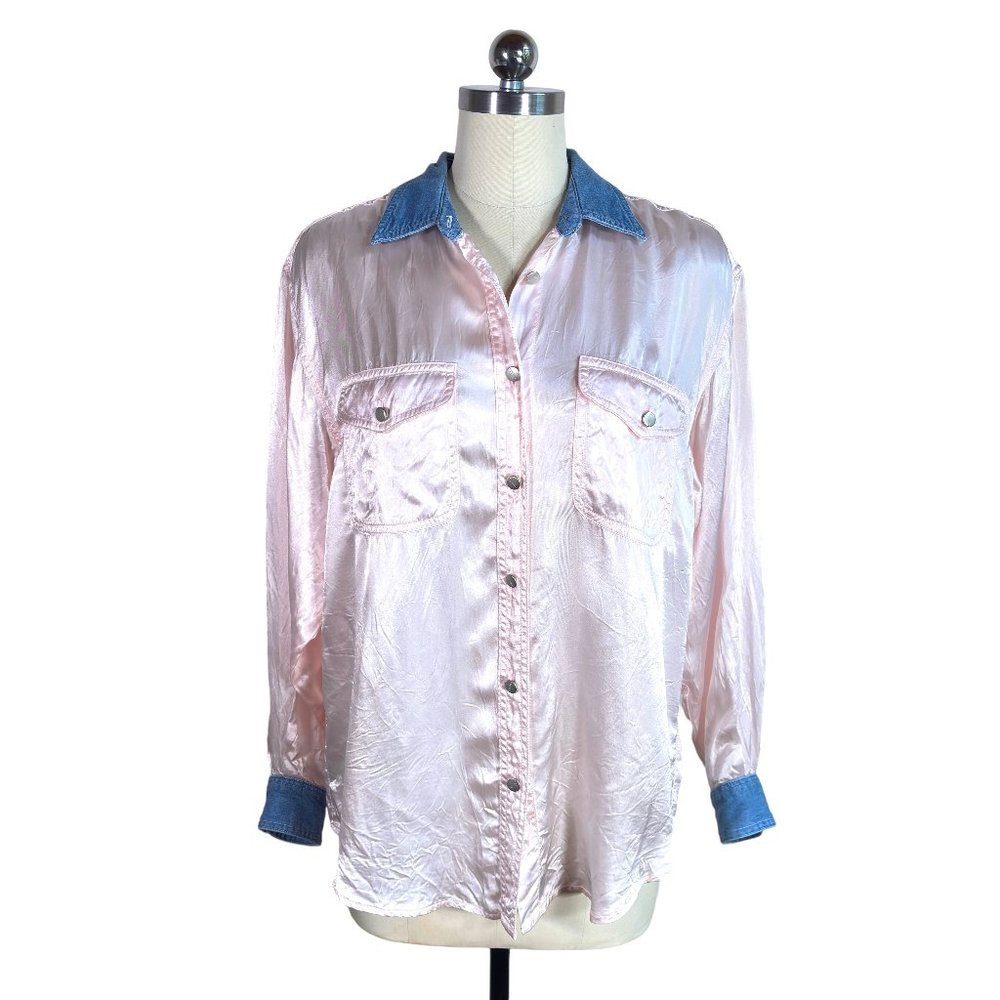 vintage 80s 90s bill blass pink satin denim trim button shirt M retro glam vtg